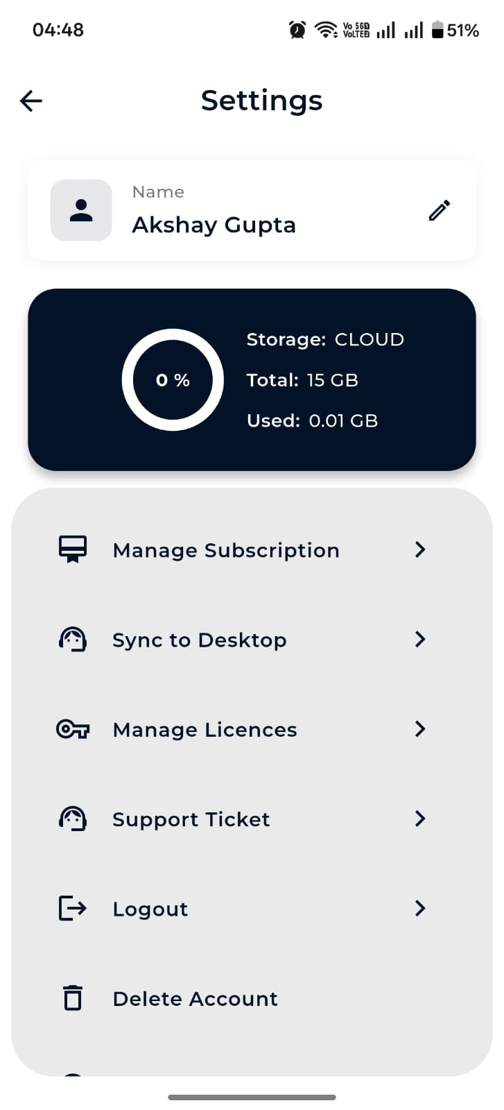 Mobile settings with storage info